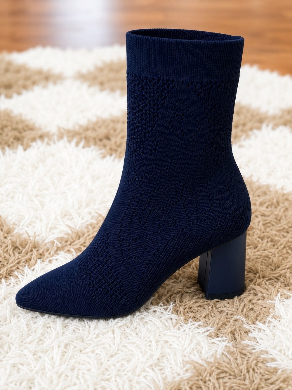 Impo Vesca Navy Knit Sock Ankle Boots Women's Size 9.5M Block Heel Stretch Booti - Picture 5 of 6